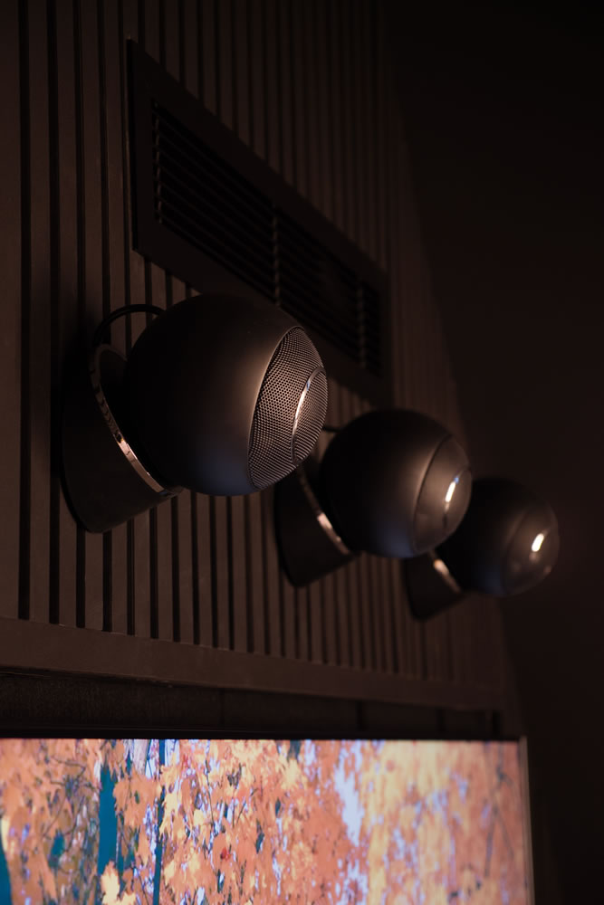 High-performance speakers integrated into the bespoke AV room at the Northmoor Road smart home project in Oxford by AVINU